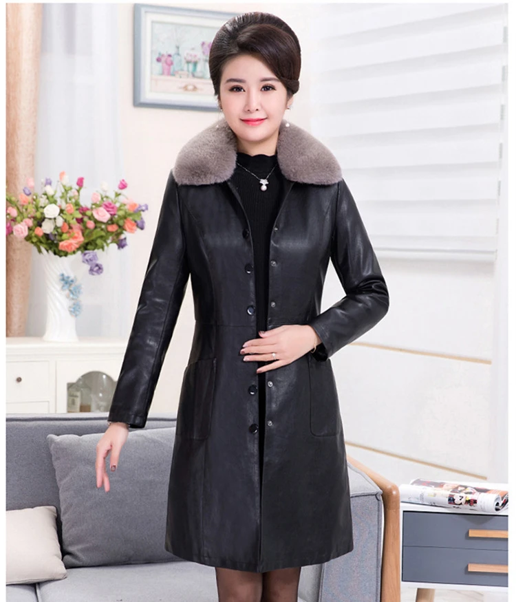 Middle Aged Women Winter Long Jacket Leather Coat Plus Size 6XL Fur Collar Jackets Elegant Women Padded Coat Button CH742
