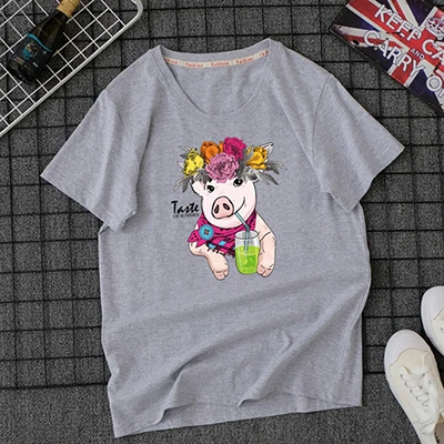Tops Harajuku Cartoon Pig Print Tshirt Ulzzang T-shirt Women Plus Size T Shirt Women Short Sleeves Tee Shirts - Цвет: gray