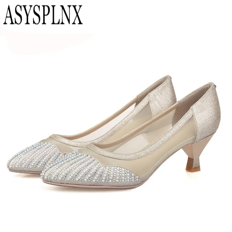 

ASYSPLNX Gauze Rhinestone gold silver Abnormal Spike heel woman shoes,2016 Summer pointed toe elegant Luxury wedding women Pumps