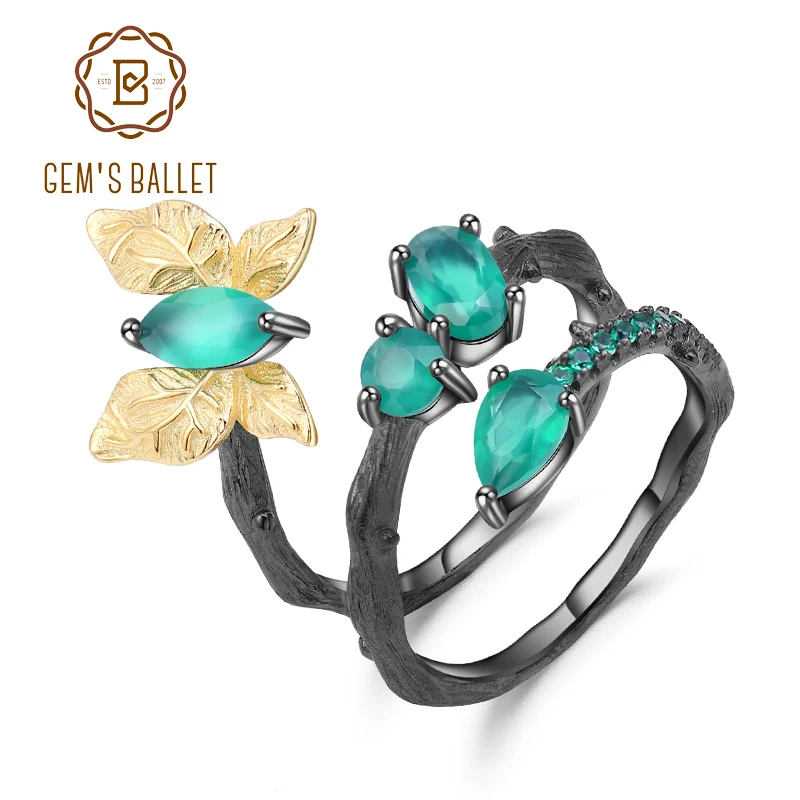 

GEM'S BALLET 925 Sterling Silver Natural Green Agate Original Handmade Ring Bird on Branch Rings for Women Bijoux Fine Jewelry