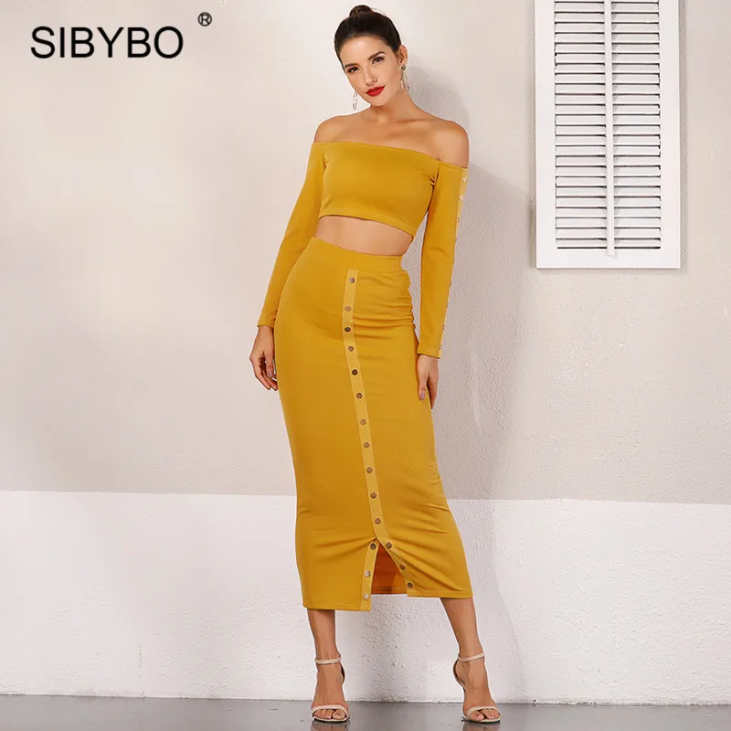 

JULISSA MO Sexy Off Shoulder Split Winter Bodycon Dress Women Button Crop Long Sleeve Two Pieces Set Autumn Maxi Dress Vestidos