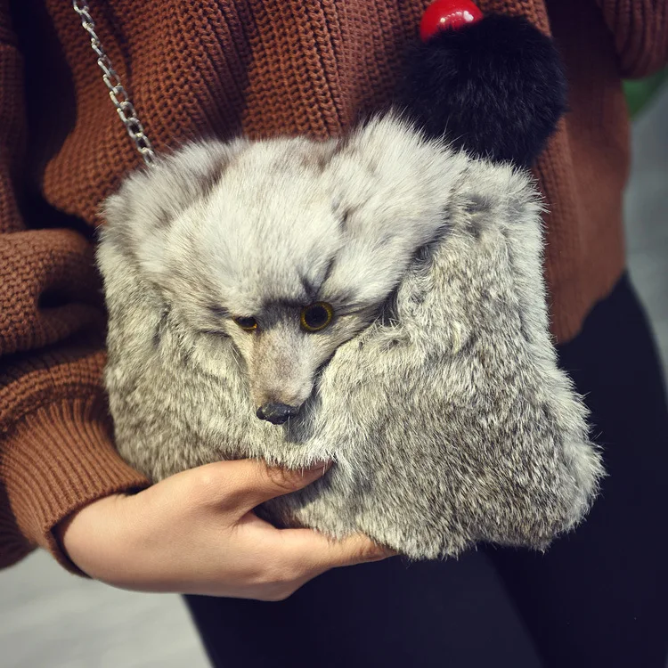 

Girls Creative Cartoon Fox Shape shoulder bag rabbit fur Female Crossbody Bag Lovely Sling Shoulder Bags woman fashion handbag