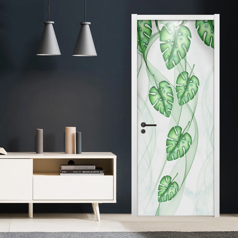 

Abstract Lines Green Leaves Door Sticker PVC Self-adhesive Decorative Waterproof Wall Decals Living Room Bedroom Mural Wallpaper