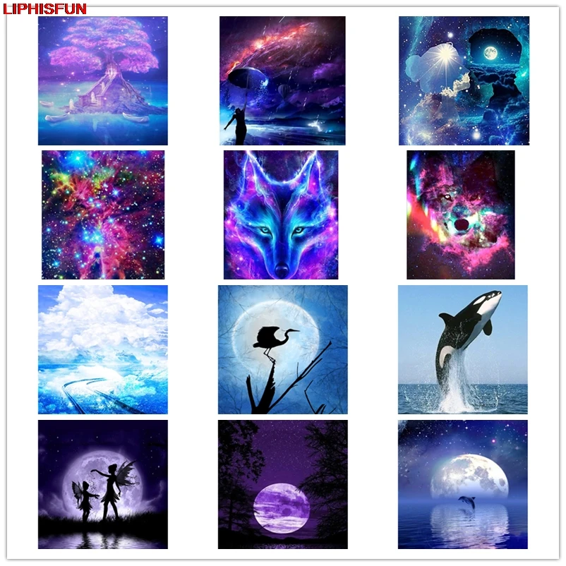 LIPHISFUN Needlework Diamond Painting Embroidery Cross Stitch Drill Home Decor Wallpaper Wall Sticker fantasy aurora moon animal | Дом и сад