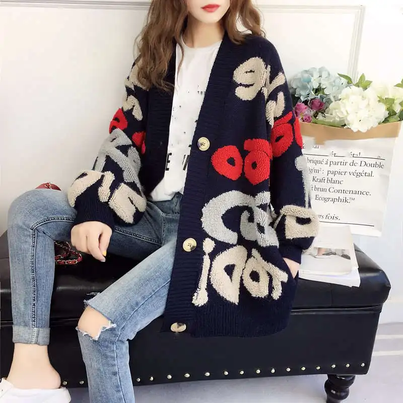 Neploe, женский свитер, кардиган, вязанная Корейская зимняя одежда, свободные женские топы, толстые, плюс размер, Harajuku, пальто с буквами 36509