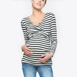 Осенние футболки для женщин, новинка 2019 года, Стильные топы для беременных, модная полосатая блузка с длинными рукавами для грудного