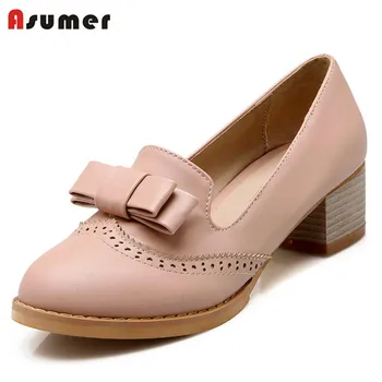 

Asumer College style high heels shoes shallow single women pumps party shoes four seasons big size 34-43 soft leather solid