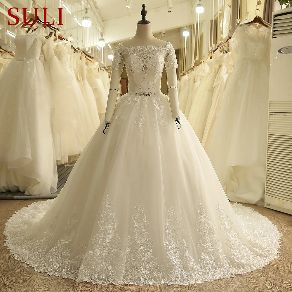 Sl 9009 Boat Neck Wedding Dresses Short Sleeve Lace Crystals