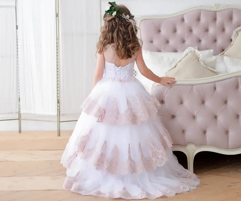 White Flower Girl Dress with train Blush junior bridesmaid dress Lace dress Baby girl dress Tulle dress Wedding dress Tutu flower girl dress