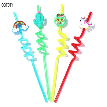 

4Pcs Cartoon Cactus Rainbow Owl Plastic Spiral Drinking Straws Children Use Birthday Party Bar Club Special Juice Wine Cup Decor