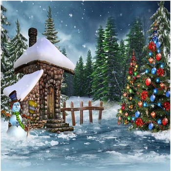 

Vinyl Winter Scenic Photography Backdrop Printed Blue Red Balls Decorated Christmas Tree Snowflake Snowman Kids Photo Background