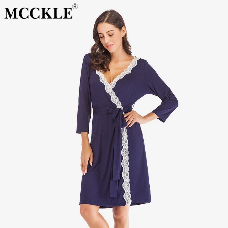 

Women's V-Neck Lace Patchwork Modal Bathrobe Sashes 3/4 Sleeve Mini Night Dress Women 2019 Spring Summer Home Clothes Female