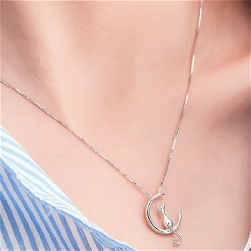

Fashion Cat Moon Pendant Necklace Charm Silver Gold Color Link Chain Necklace For Pet Lucky Jewelry For Women Gift Shellhard