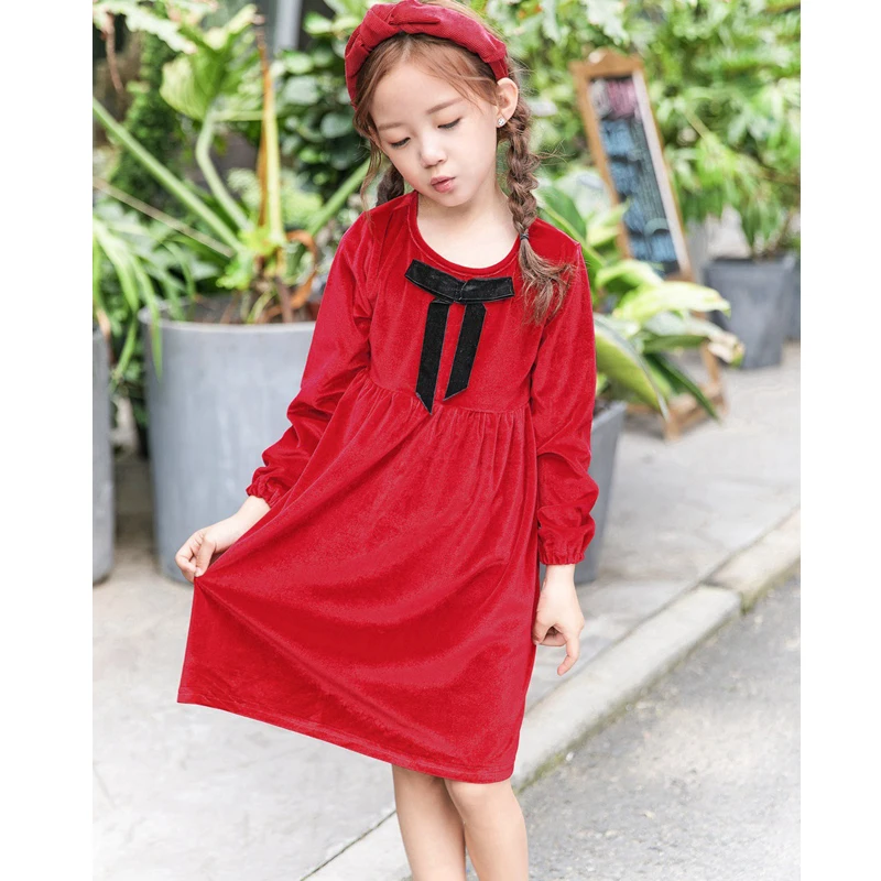 

Autumn Winter 2018 New Girl Dress Children Clothing Gold Velvet Fabric Bowknot Kids Dress Brand Red Party Princess Dress