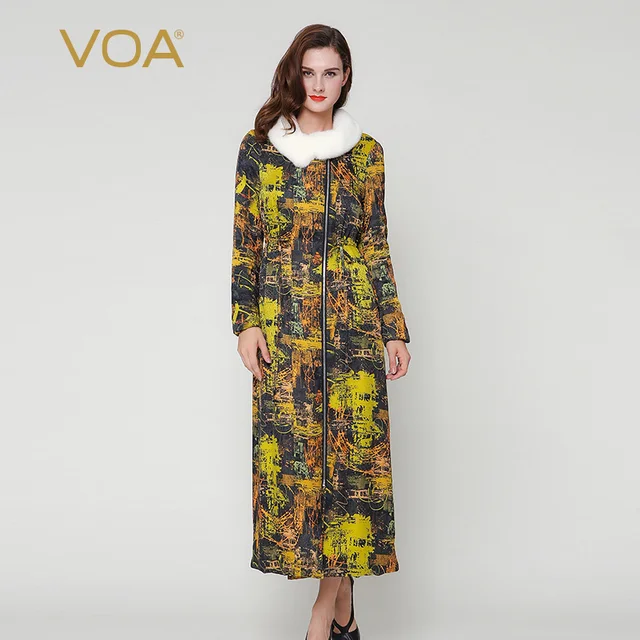 Cheap VOA three layer silk thick mink collar long down europe fashion silk jacquard Cotton-padded jacket ladies winter coat M6273