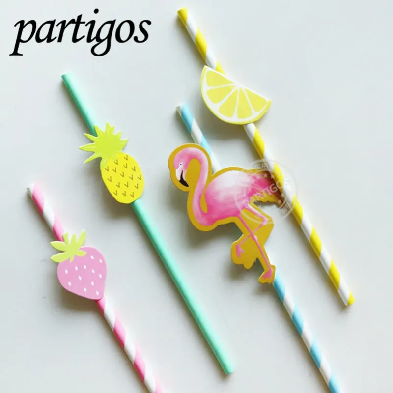 10PCS Summer Straw Party Hanging Card Flamingo Fruit Series Straw 19cm  Cartoon Style Decoration Drink Straw