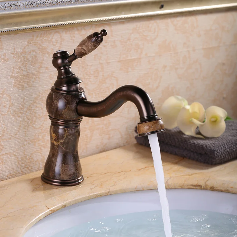 Bathroom Golden-Plated Solid Brass Jade Torneira Cozinha with Marble Basin Faucet Single Handle Hot and Cold Water Mixer Tap