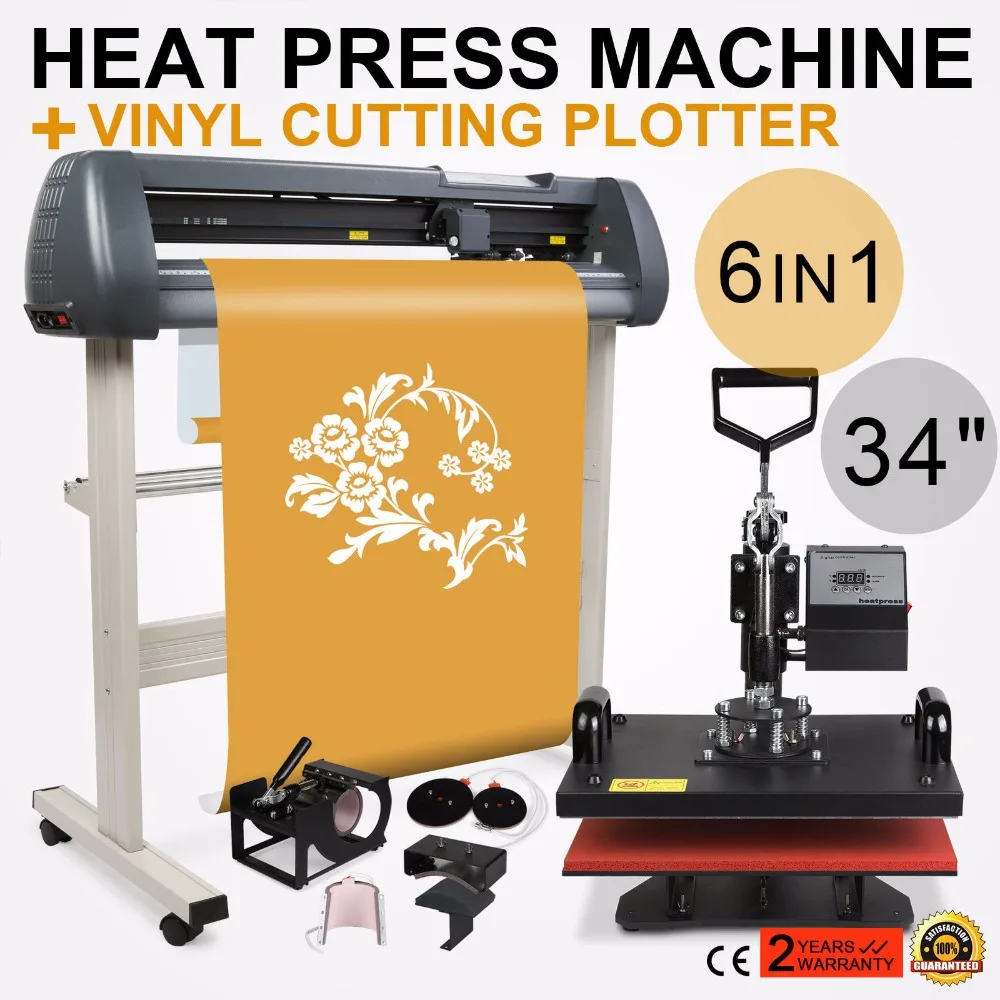 

6in1 Heat Press Transfer Kit 34" Vinyl Cutting Plotter Cutter Printer Sticker Transfer Colorful Adjustment Knob Digital LED