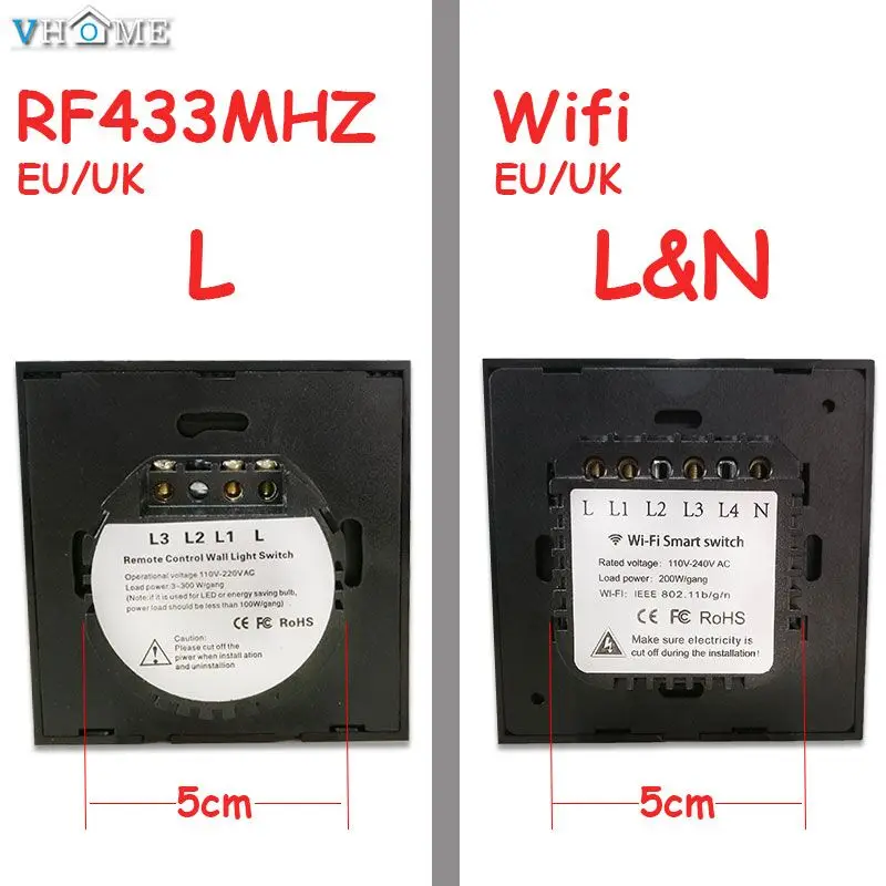  Vhome Touch Switch433mhz Smart Home Touch Switch PanelEV1527 EU/UK/US Standard Wifi Control Ewelink - 32954683408