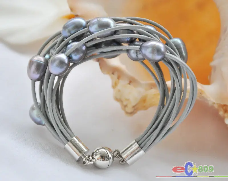 15row " 13 черное riz браслет с жемчугом кожаный Грис