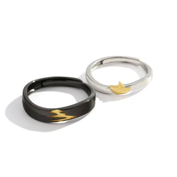 

SUNIANGON 925 Sterling Silver Ring Reflection Wave Gold Boat Couple Ring Lovers Like A Shadow Ring Romantic 925 Jewelry Gift