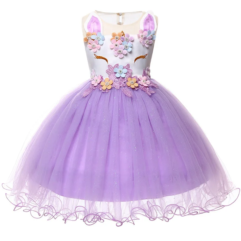 Детские платья для крещения на первый день рождения для девочек; вечерние платья принцессы с единорогом; платье-пачка на свадьбу; одежда для маленьких девочек - Цвет: Purple