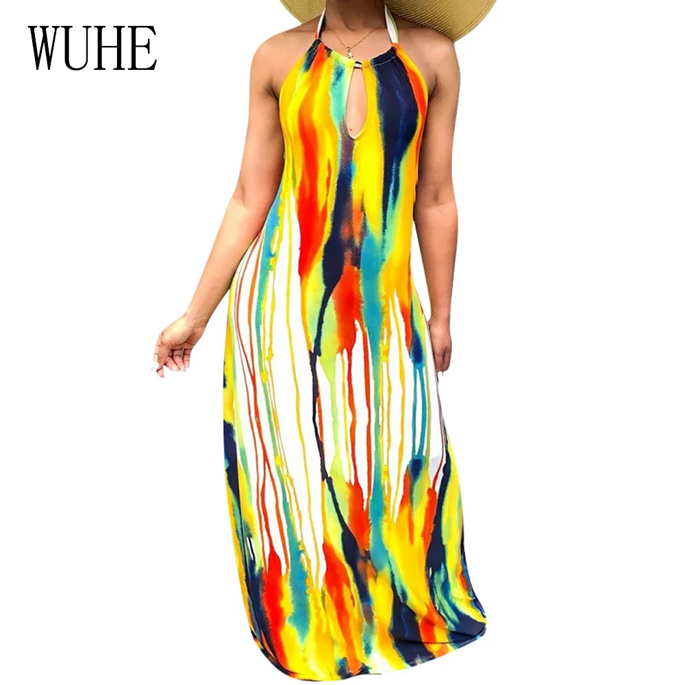 

WUHE Summer Women's Contrast Color Sexy Open Back Halter Maxi Dress Female Personality Casual Sleeveless Long Loose Beach Dress