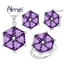 Almei Новое поступление женские украшения серебряное свадебное кольцо, ожерелье, серьги набор кубический циркониевый свадебный ювелирный набор бижутерия T579