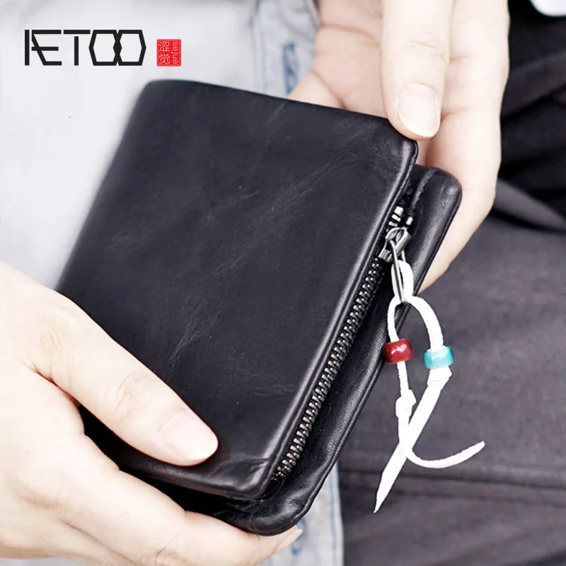 

AETOO Men and women make old leather hand-made thick cowhide short, eighty percent off retro wallet, vertical buckle, cowhide