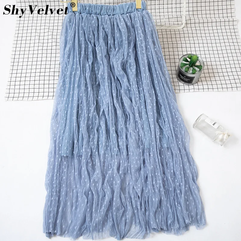 Сетчатые длинные юбки для женщин, элегантные плиссированные юбки из тюля, Женская длинная юбка в горошек с оборками, синяя, розовая, белая, Черная