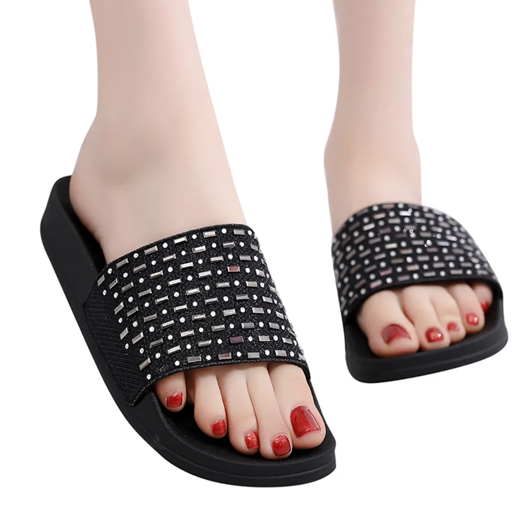 

Shiny Strppy Slip On Casual Slippers Rubber Summer Women's Sequins Flat Soft Slippers Non-slip Rhinestone Sandals Beach Shoe #T