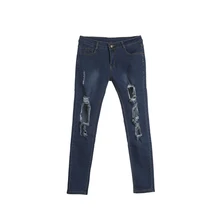 Женские повседневные джинсы с высокой талией и рваными дырками, темно-синие узкие длинные джинсы, большие размеры XXL