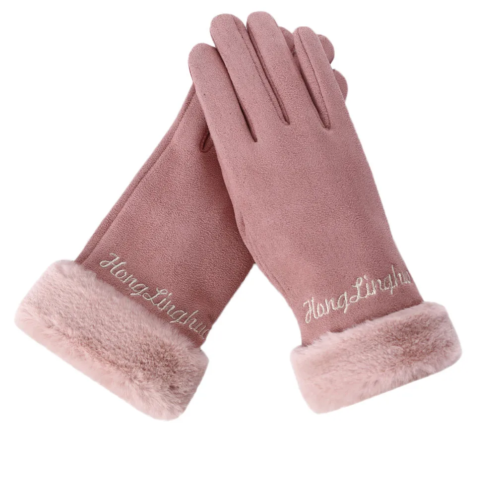 Женские однотонные перчатки из искусственной замши, зимние теплые перчатки, теплые перчатки с вышитыми буквами, митенки для женщин, Luva#10