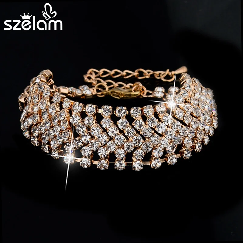 Szelam роскошные золотые свадебные браслеты для женщин Стразы широкие браслеты на запястье ювелирные изделия с кристаллами SBR140166