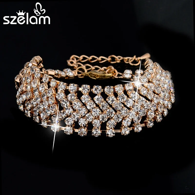 Szelam 2019 роскошные свадебные браслеты золотого цвета для женщин Стразы широкие на