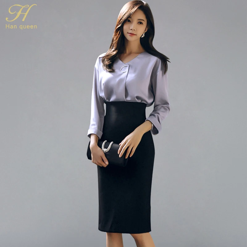 

H Han Queen Korean Style 2018 Autumn New Loose Solid Shirt & High Waist Sheath Bodycon Pencil Skirt 2 Pieces Business Suits Set
