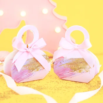 

100 X Colorful Pattern Stylish Handbag Shape Design Wedding Birthday Party Favor Candy Boxes With Ribbons 6.5x13cm