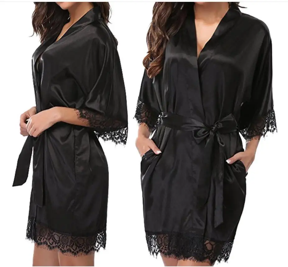 

High Quality Black Women Silk Rayon Robe Sexy Sleepwear Nightgown Plus Size S M L XL XXL XXXL A-050