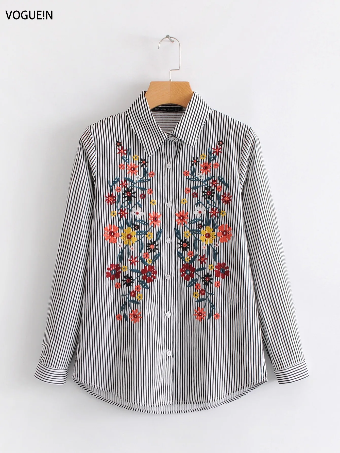 

VOGUEIN New Womens Black Striped Floral Embroidered Long Sleeve Shirt Blouse Tops Wholesale