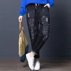 2019 Весенние новые джинсы для женщин литературный ретро свободные женские повседневные джинсовые шаровары Штаны Рваные брюки w424