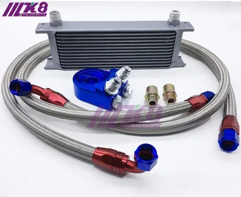 

UNIVERSAL 13 ROWS OIL COOLER+OIL FILTER SANDWICH ADAPTER + STAINLESS STEEL BRAIDED AN10 HOSE WITH