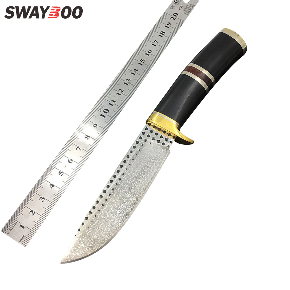 

Swayboo Damascus steel straight knife hunting High hardness outdoor self-defense actical fixed blade ebony + copper hand knife