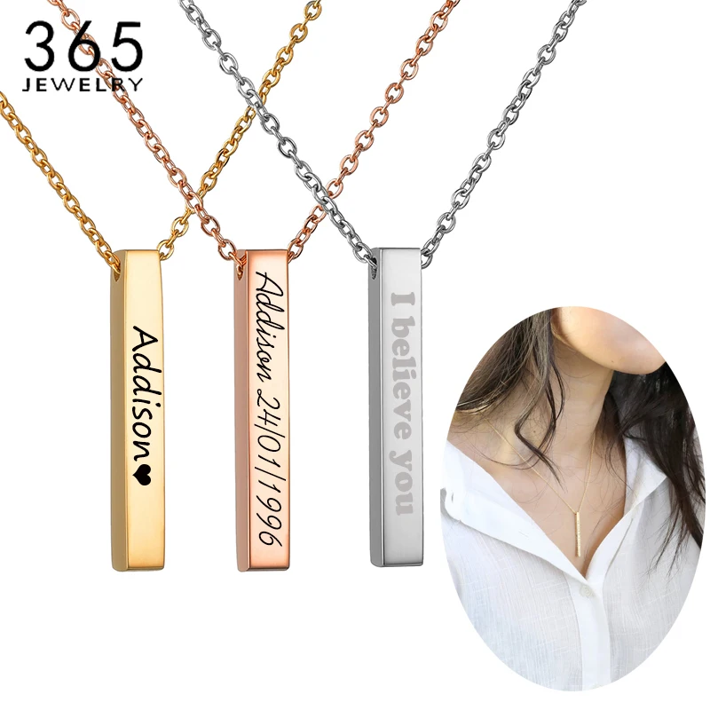 Fashion Stainless Steel Engrave 4 Sides Custom Name Geometry Necklace Women Men Personalized Square Bar Necklace Creative Gift