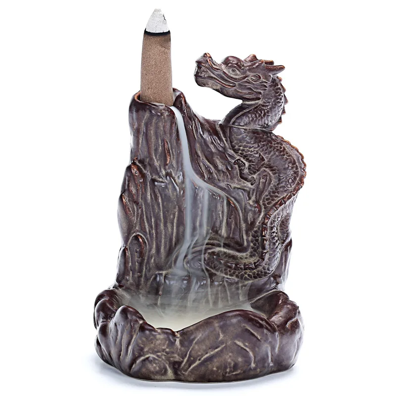 

Backflow Incense Burner Home Decor Ceramic Dragon Incense Holder Retro Aromatherapy Smoke Back Flow Censer + 10Pcs Incense Cones