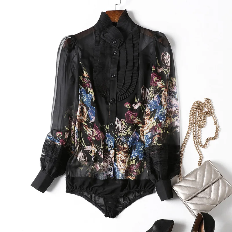 Леди Милан, Новое поступление, весенние женские рубашки с оборками и цветочным принтом, длинные рукава, элегантные модные дизайнерские шелковые рубашки и блузки