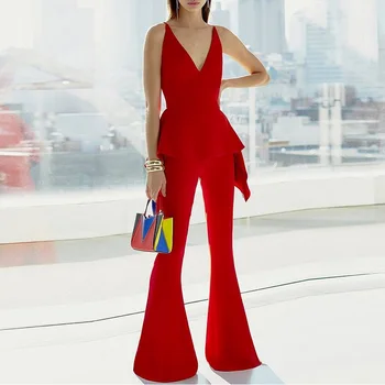 

2019 Women Fashion Red Jumpsuit Celebrity Sleeveless V-Neck Wide Leg Runway Elegant Ladies Jumpsuits 2019