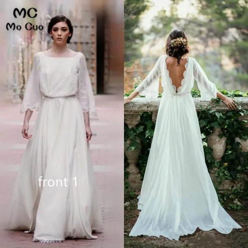 Chiffon Elegant Sexy Long Sleeves and Flirty P-a-boo Back Wedding Dress