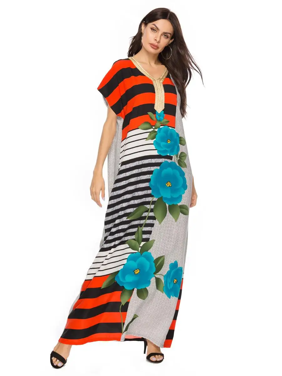 Boho кафтан женское платье с коротким рукавом и v-образным вырезом одежда макси платье с принтом Caftan пляжное повседневное летнее платье с коротким рукавом длиной до щиколотки