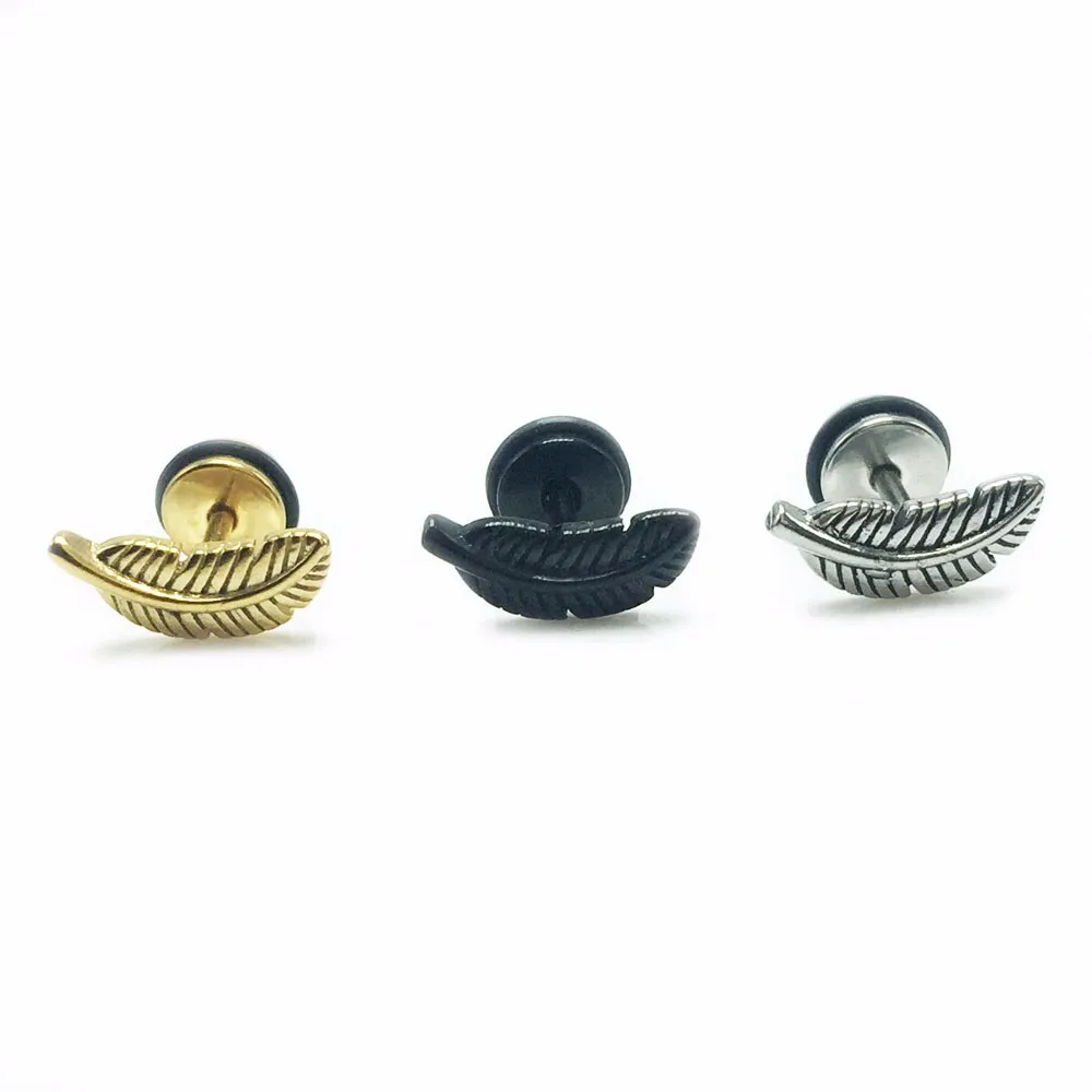 Pair Fashion Feather Stud Earrings Ear Studs Stainless Steel Silver Gold Black For Men Women Jewelry Anti-allergic New 2016 2
