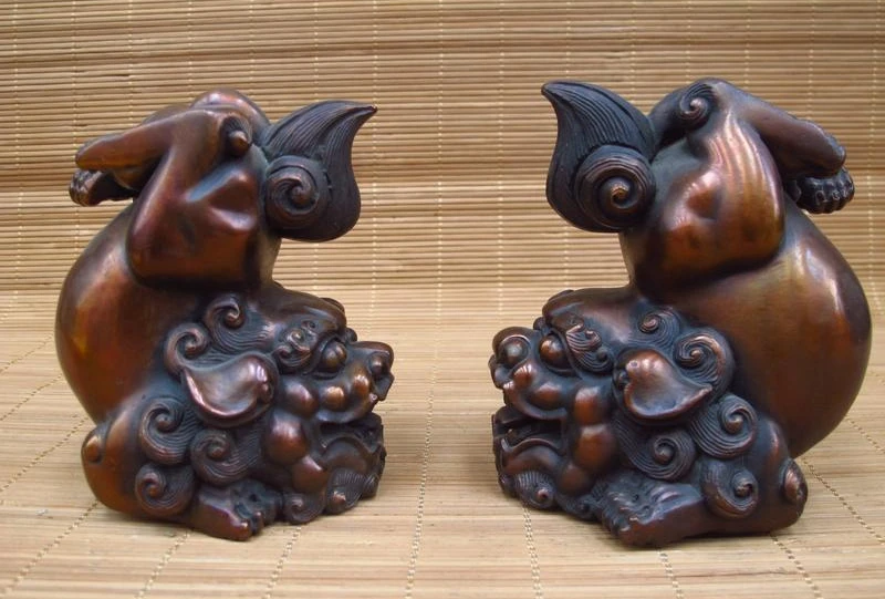 

China Royal Red Bronze Evil Guard Door Foo Dog Lion Feng Shui Kylin Kilin Pair a5.19
